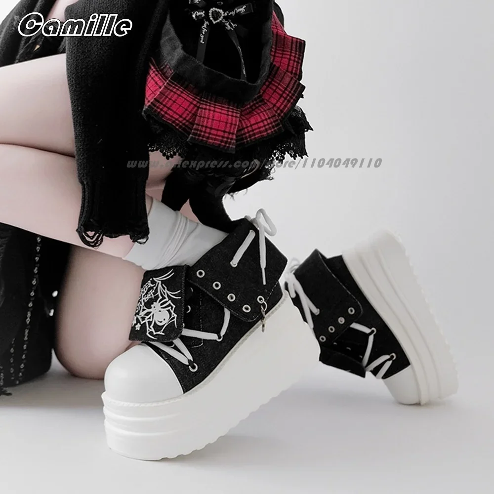 

Punk Style Mixed Color Front Lace Up Thick Sole Ankle Casual Shoes Original Design Spider Pattern Size 35-40 Cool Girl Boots