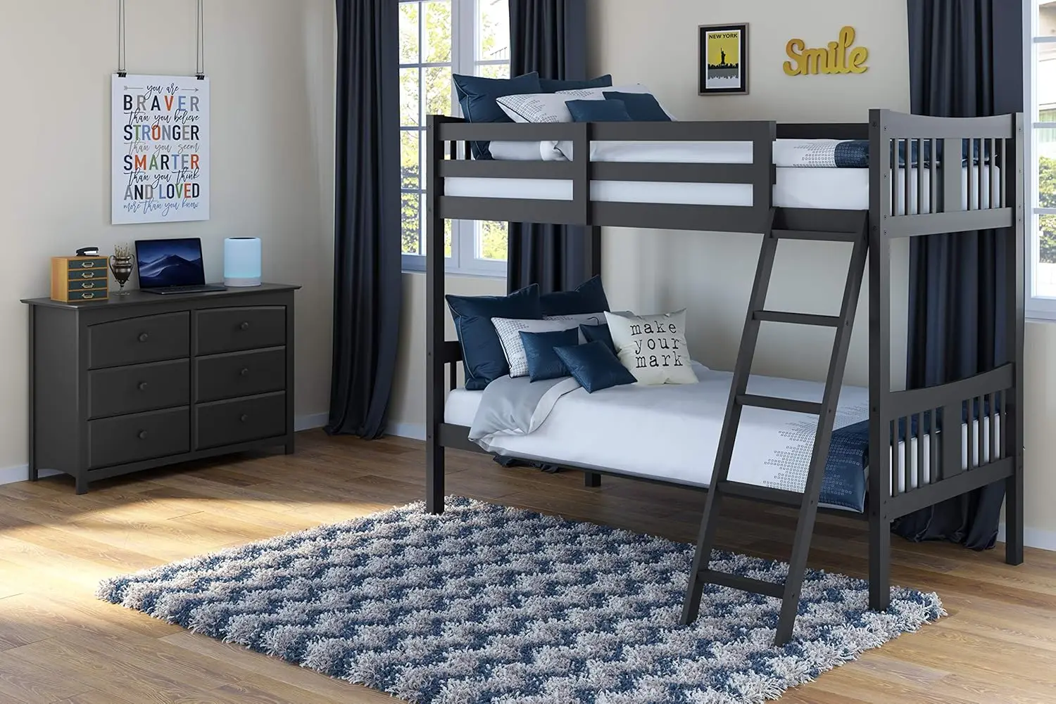 Twin-over-Twin Bunk Bed (Gray)Converts to 2 individual twin beds,QUALITY CRAFTMANSHIP: Crafted of rubberwood solids