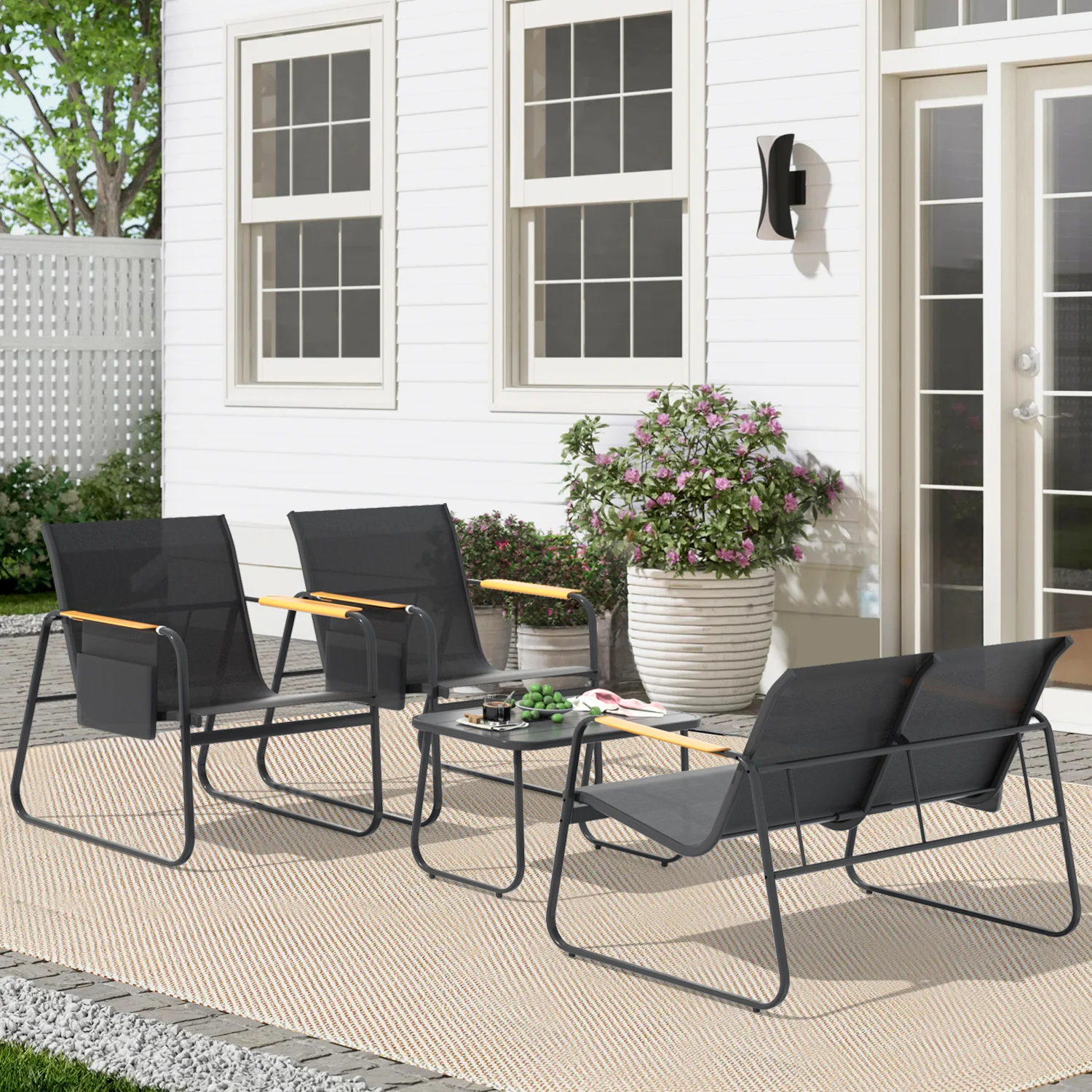 4-Piece All Weather Outdoor Patio Conversation Set, Breathable Textilene Loveseat & Chairs with Wide Armrests & Side Storage Pockets, All-Weather Conversation Set with Coffee Table for Backyard Balcony