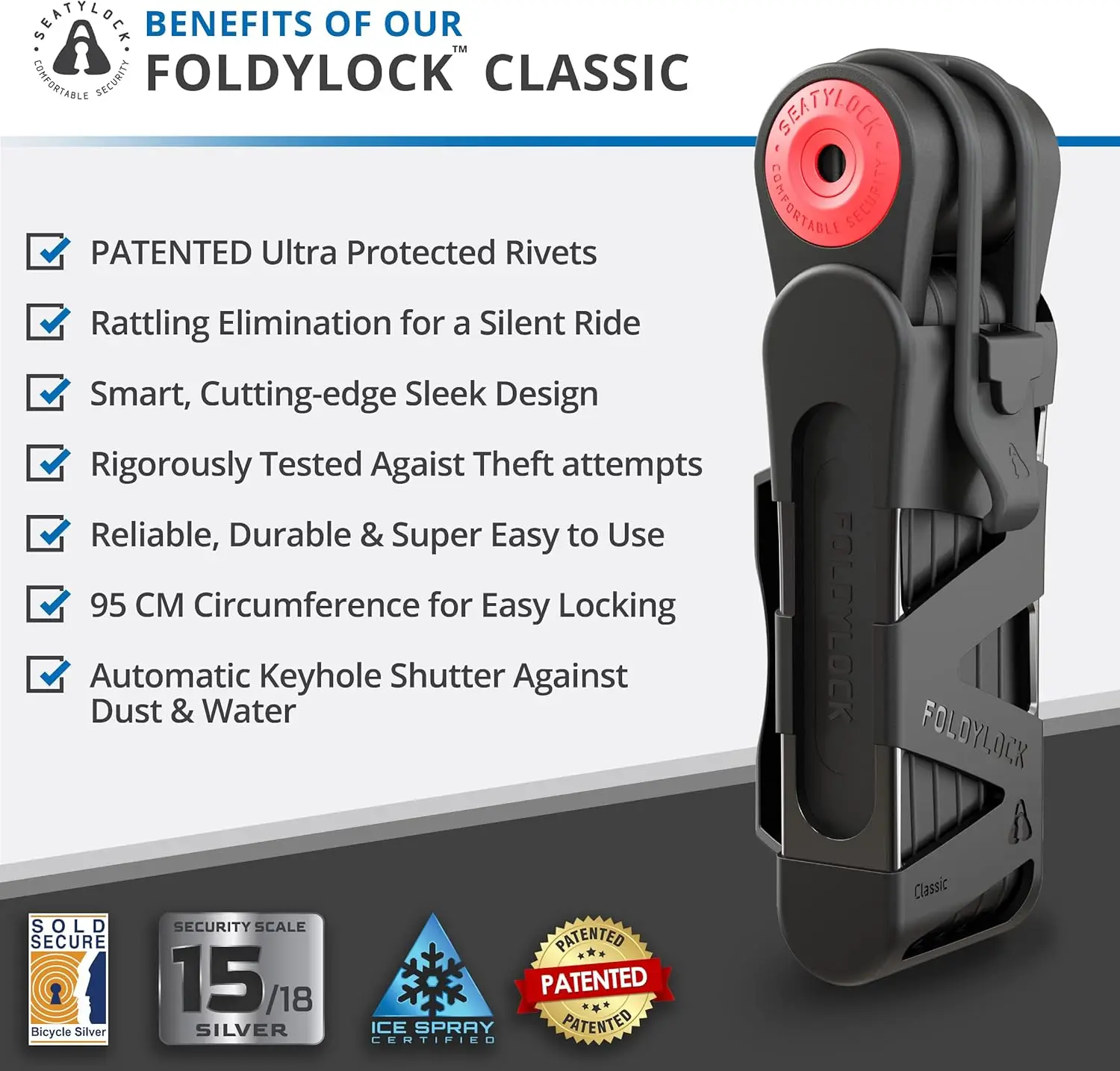 Classic Folding Bike Lock - Patented Sleek High Security Bicycle Lock - Heavy Duty Anti Theft Smart Secure Guard with