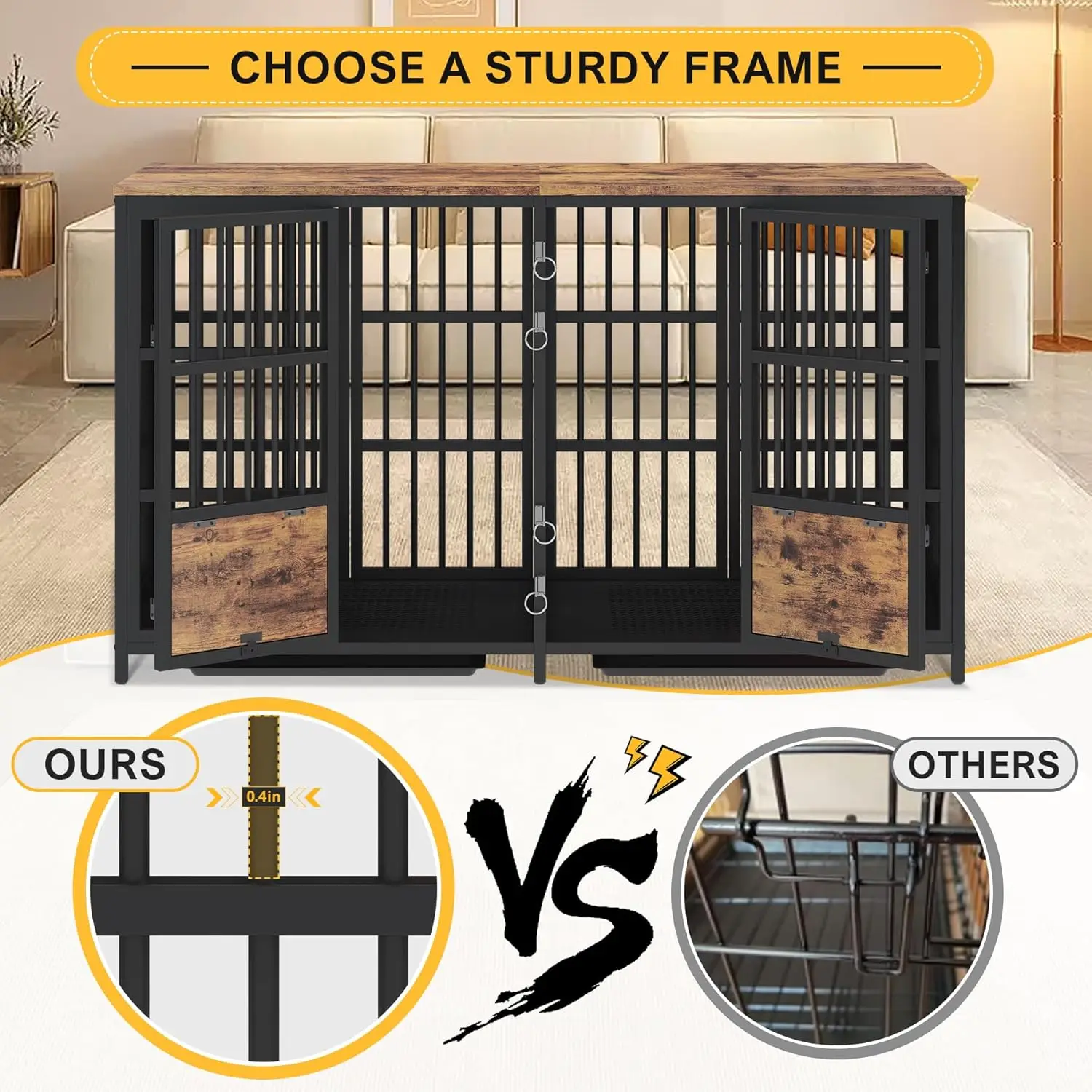 أثاث صندوق الكلاب، قفص كلب مزدوج عالي التحمل مقاس 63 بوصة مع مقسم، أثاث بيت كلب كبير جدًا مع صواني قابلة للإزالة