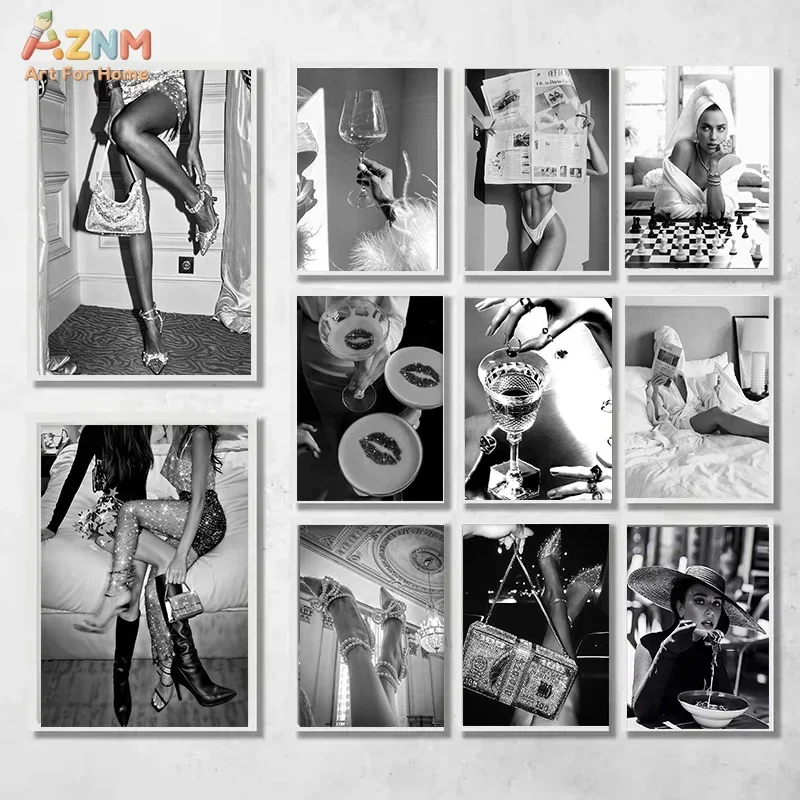 AZNM Black White Fashion Canvas Wall Art Luxury Glam Woman High Heel Wine Bag Vintage Trendy Aesthetic Bedroom Poster Unframed P