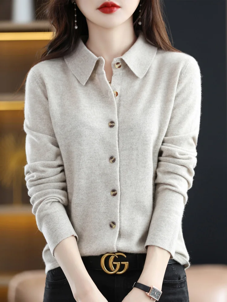 Long Sleeve Women Sweater Autumn Winter 100% Merino Wool Cardigan Solid Turn Down Collar Cashmere Knitwear Korean Fashion Tops