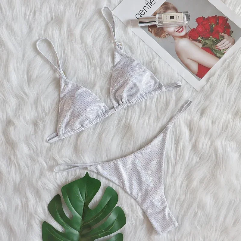 

Swimsuit Three-Point T-Back Bikini Sexy Shiny Hot Silver Crystal Swimsuit