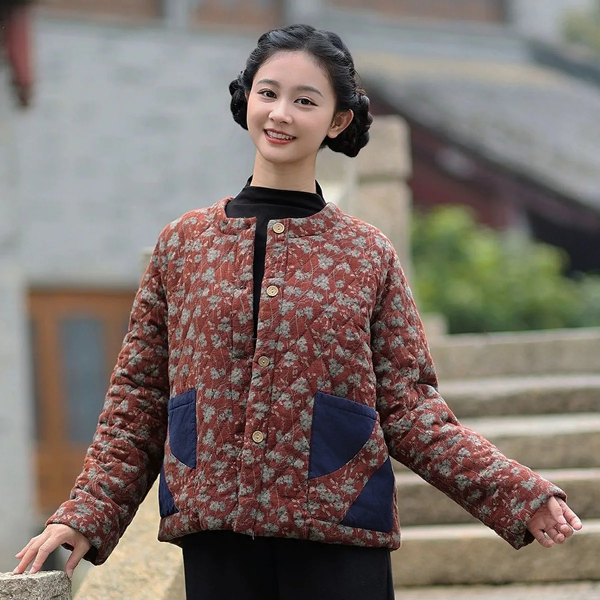 

Womens Cotton Linen Printed Thin Quilted Jacket Button Front Autumn Winter Warm Patchwork Casual Retro Short Coat with Pockets