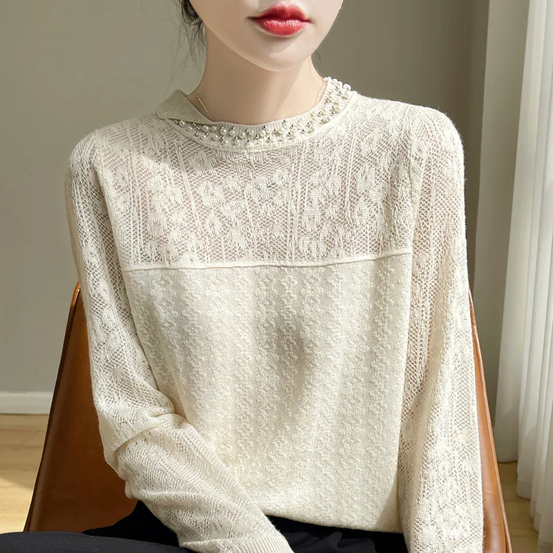 2024100% pure wool sweater women\'s spring and summer new hollow beaded long-sleeved blouse fashion bottoming shirt