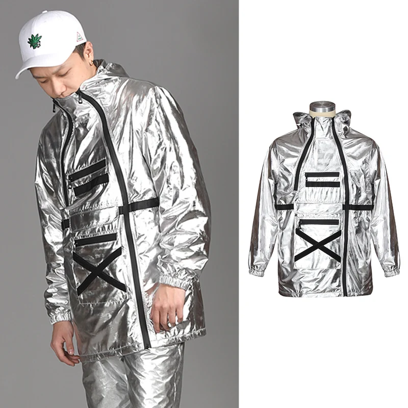 

Silver Hoodie Street Dance Costume For Male Hip Hop Dancing Clothes Popping Breaking Dancer Stage Wear Dj Ds Jacket VDB6393
