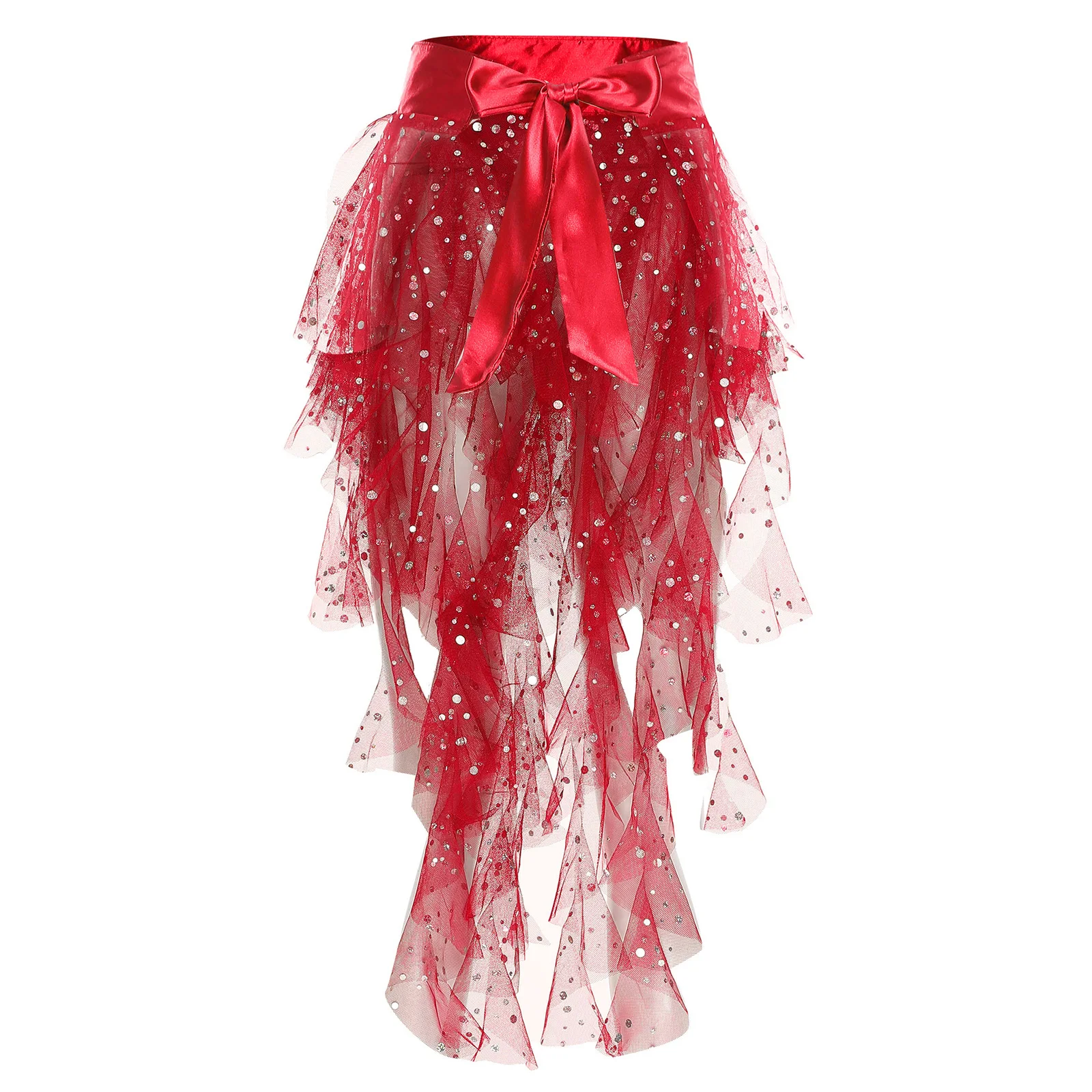 

Women Fashion Sequins Belly Dance Hip Scarf Skirts Tiered Split Mesh Satin Belt Waist Skirt for Chacha Latin Tango Dance Costume