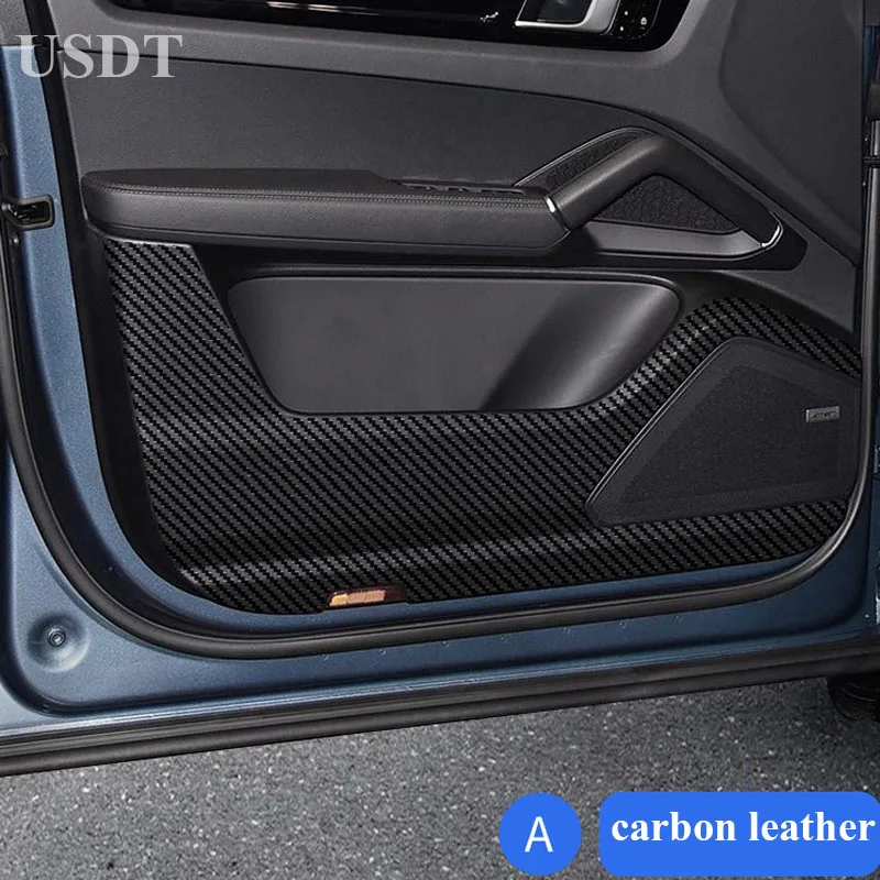 For Porsche Cayenne 2023 2022 2021-2018 Accessories Leather Carbon Fiber Sticker Door Anti Kick Cover Door Sill Protection Mat