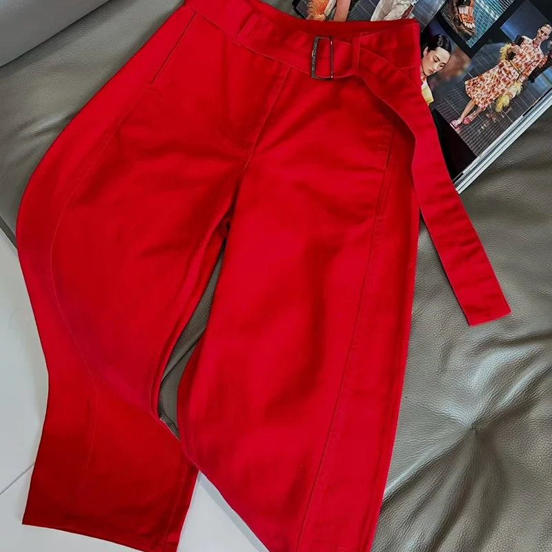 Ladies' simple jeans, red wide-leg pants with belt decoration, fashionable and versatile long pants, high quality, new style,