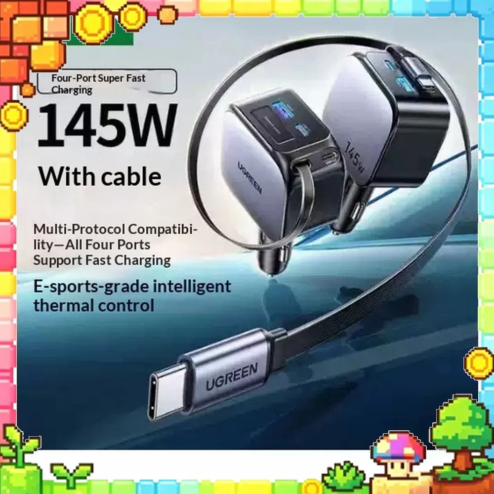 UGREEN EC604 Car Charger 145W 3 Ports Retractable USB C Cable PD 3.0 for iPhone Laptop Tablet