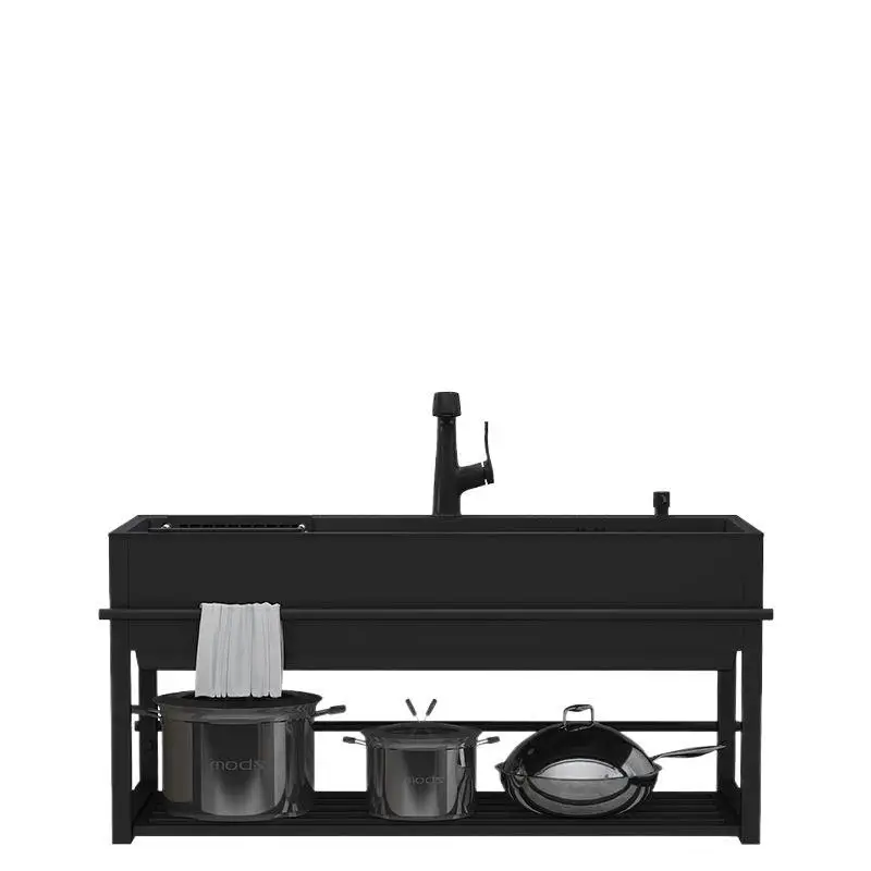 Fregadero negro con percha Lavabo de verduras integrado de piso a techo para el hogar Fregadero doble de cocina Lavavajillas de acero inoxidable