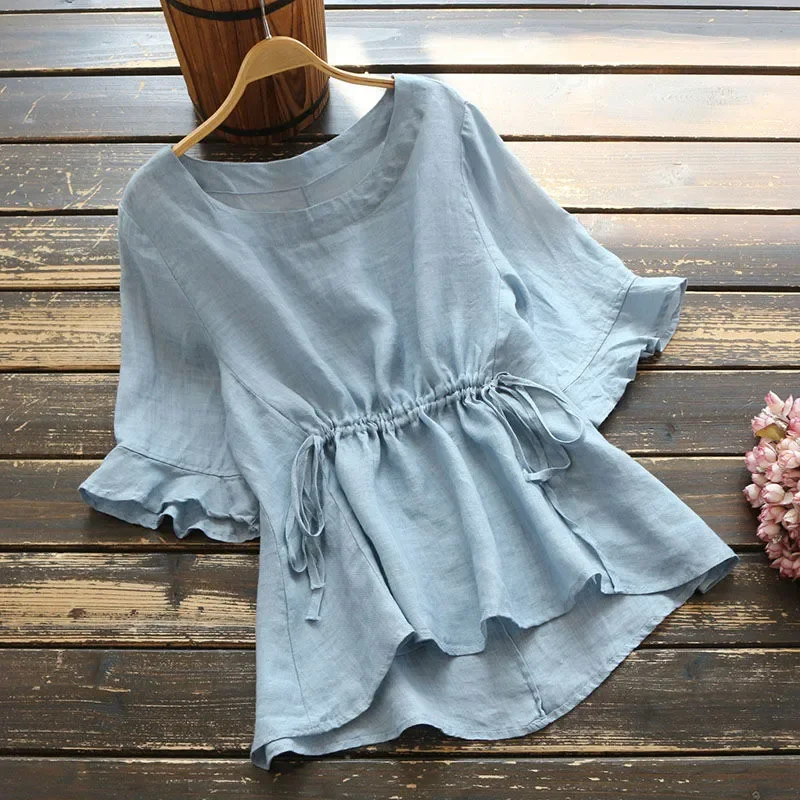 

Light Blue Loose Linen Blouse with Ruffled Hem and Drawstring Waist Casual Women Summer Top Short Sleeve Round Neck