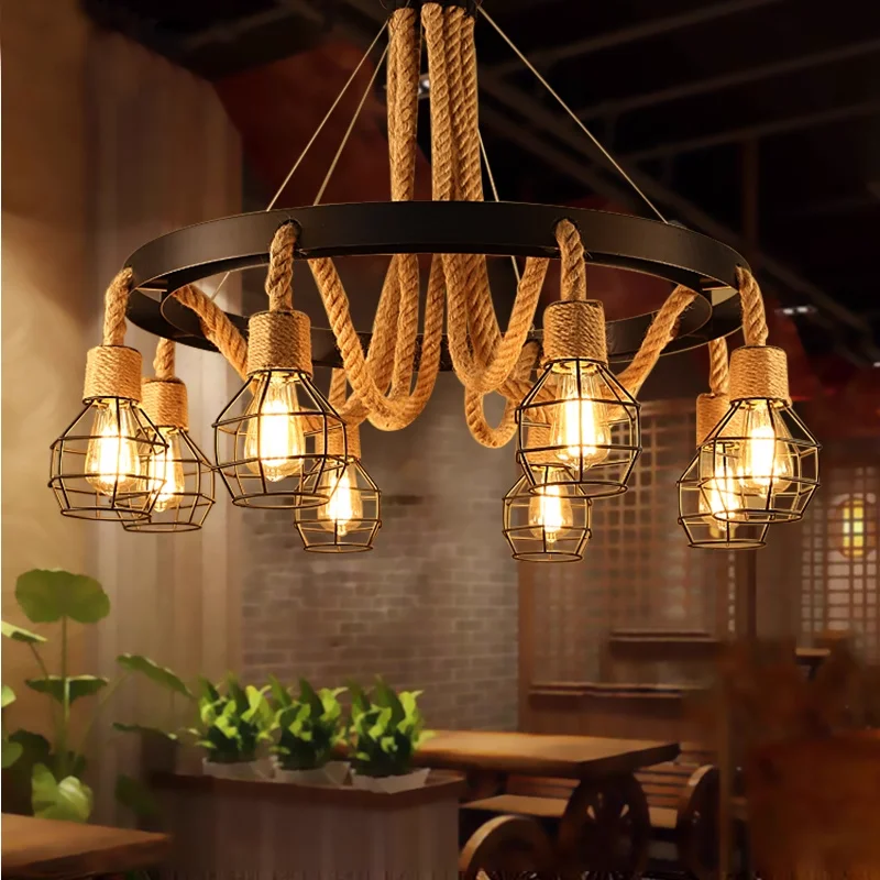 Retro Wood Pendant Light Industrial Iron LED Wheel Pendant lamp for Restaurant Bar Coffee Shop Glass Solid Wood Iron Chandelier