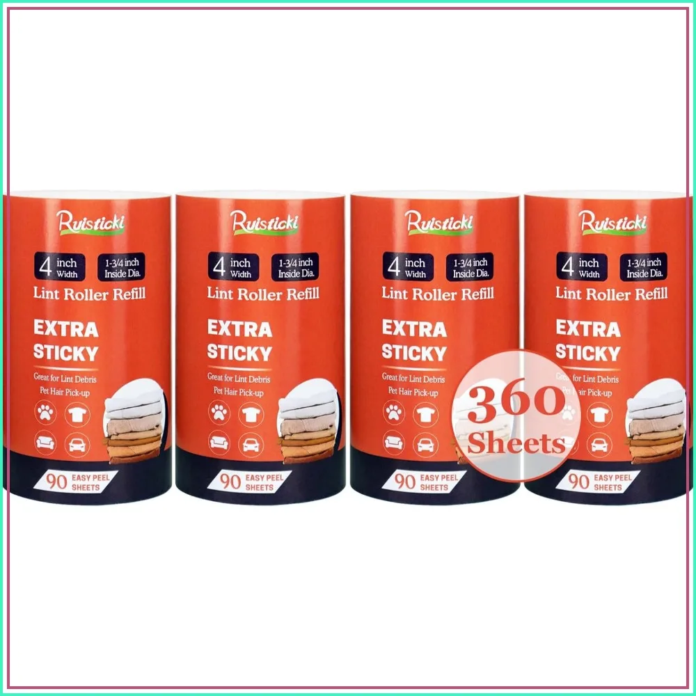 4 Inch Lint Roller Refills, 4 Pack, 90 Sheets Each, Extra Sticky, Fits Scotch-Brite Rollers