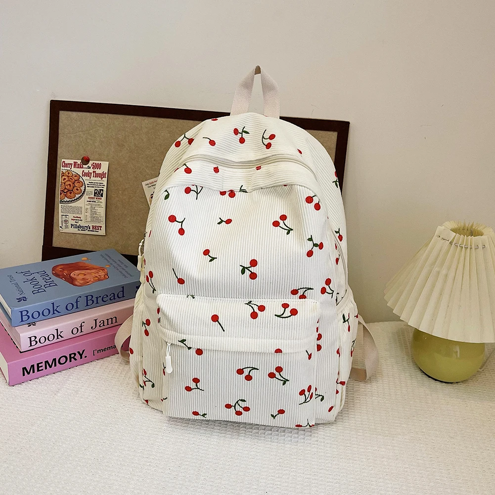 코듀로이 배낭 여성 체리 패턴 여행 데이팩 조절 가능한 스트랩 책가방 지퍼 배낭 작업 쇼핑 학교용
