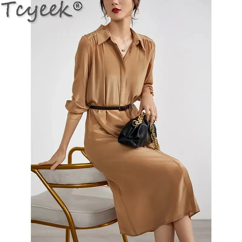 Summer 100% New High-end Mulberry Silk Long Outfits for Women Elegant Midi Dress Femme Clothing Vestido FC