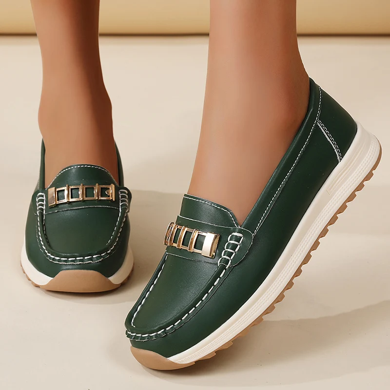 

Зеленые женские лоферы без шнуровки на платформе, женская нескользящая удобная кожаная повседневная обувь для женщин, топсайдеры, большой размер 36-44