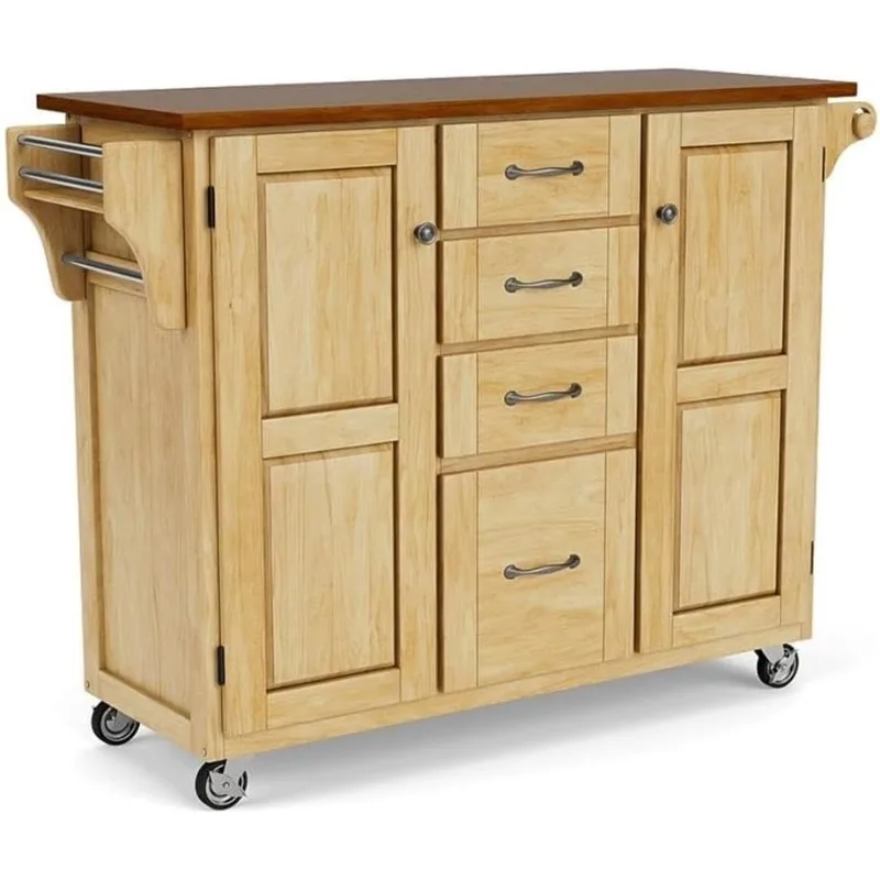 Kitchen Cart with Cherry Top and Has Cabinet Doors Open To Storage Adjustable Shelf Inside with Towel Bar and Paper Towel Holde