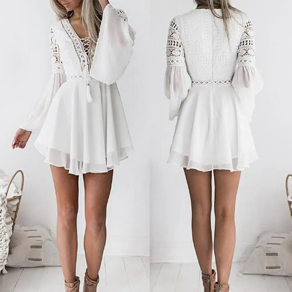 

Sexy V Neck Women's Spring Summer Dress Long Flared Sleeve Mini Dress Crochet Hollow out Sexy Chiffon Bandage Mini Dress 2020