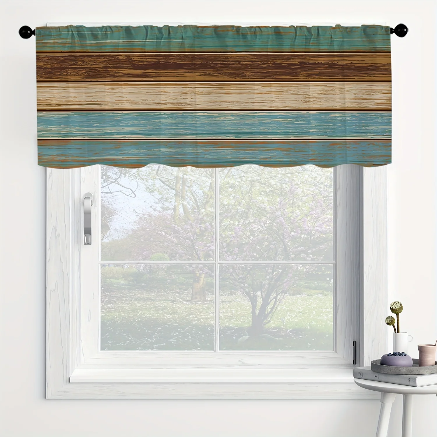 

1pc Green Striped Wood Grain Abstract Art Kitchen Curtains, Rod Pocket Rustic Short Modern Aesthetic Brown Abstract Curtain