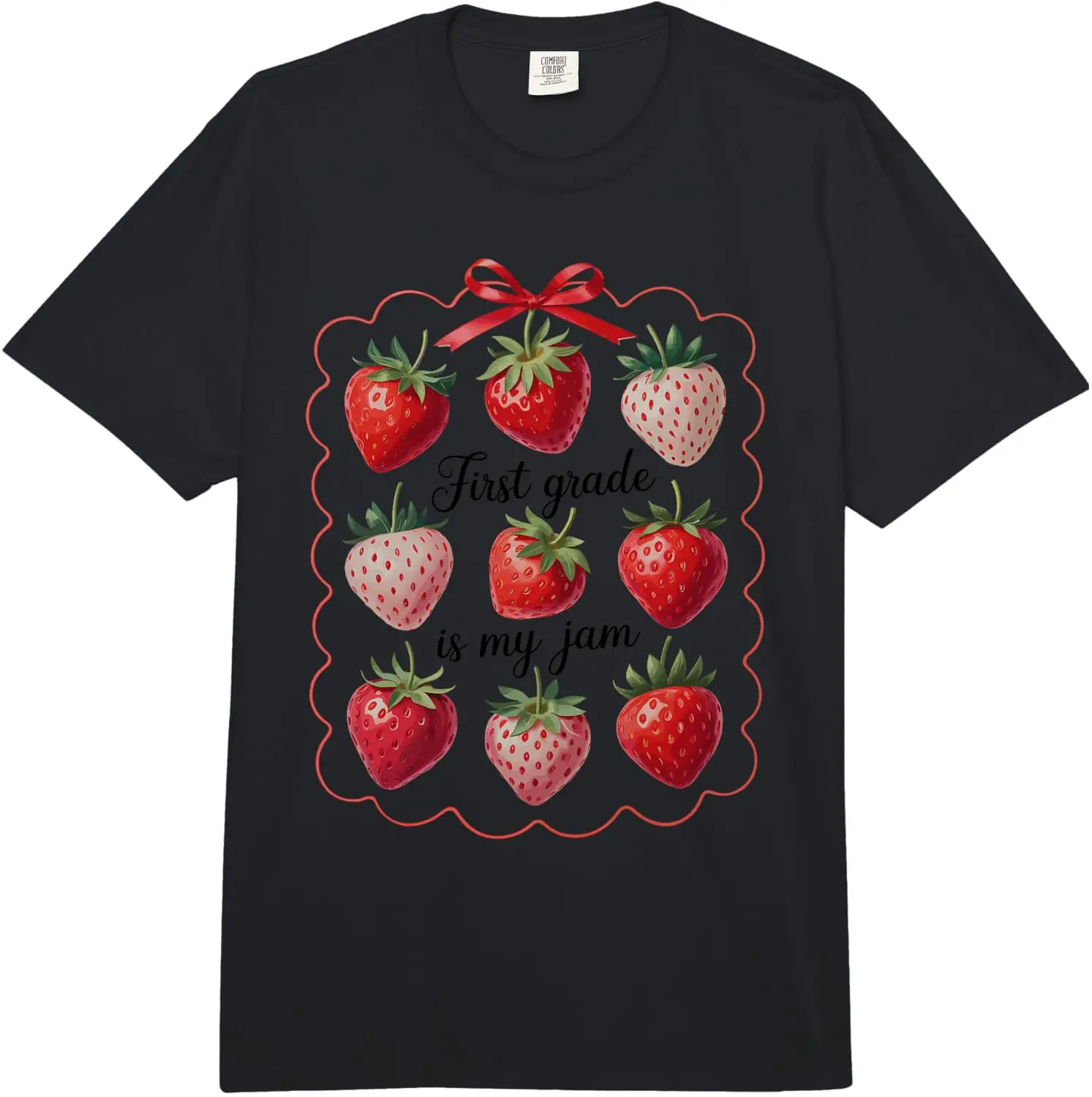 Painterly Nine Strawberry Grid With Ribbon Bow Cottagecore Comfort Colors Adult Heavyweight T-Shirt 100% Cotton Trendy Y2K