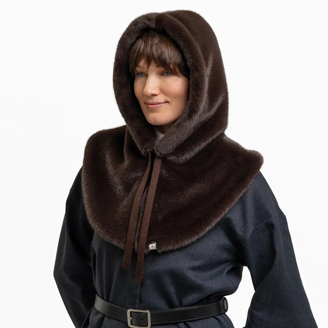 RU Faux Fur Hooded Scarf Warm Drawstring Neck Wrap Soft Plush Hood Scarves Windproof Outdoor Cold Weather Accessory
