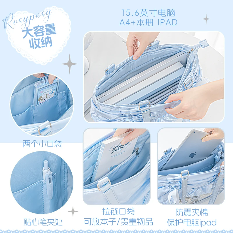 New 2025 Original Student Girls Pleated Satin Ruffled Shoulder Bag Japanese Style Large Capacity Ita Bag Women's Tote Handbags