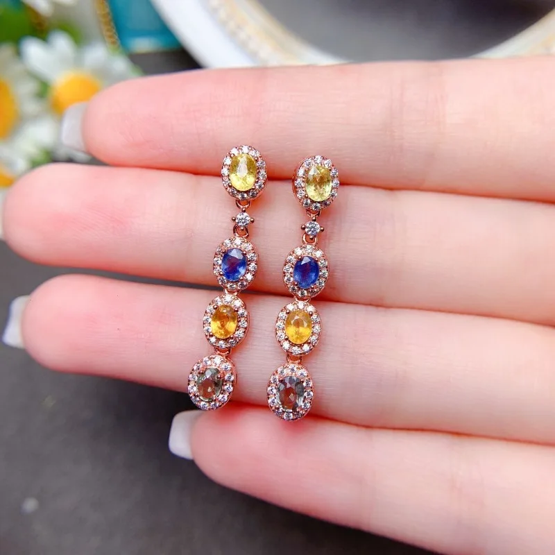 

925 Sterling Silver 925 Drop Earrings Natural Colorful Sapphire Colour Oval Retro Style Earrings for Elegant Women