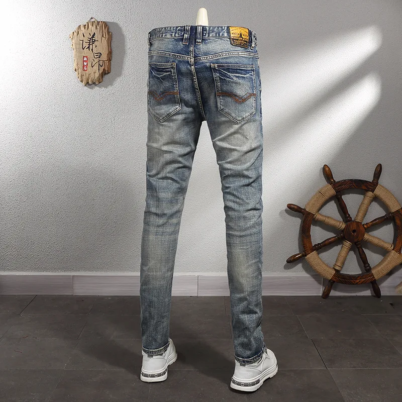 Retro Distressed Cat Scratch Stretch Jeans Men's Fashionable Slim Fit Trendy Washed Wear-White High Street Motorcycle Trousers