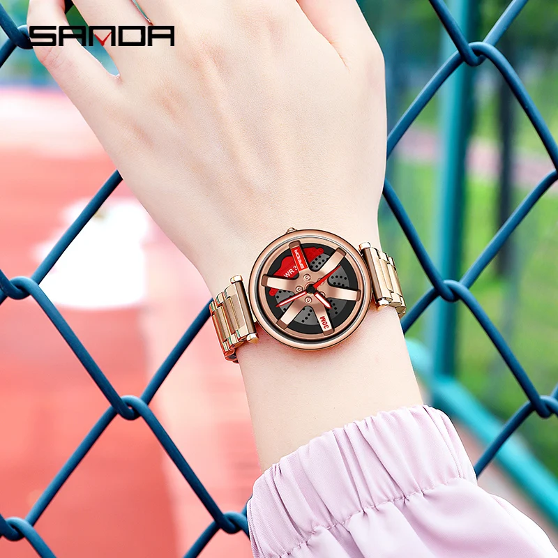 SANDA Fashion Rose Gold Steel Band Quartz Women Watch Outdoor Sports Watch 360° Rotating Dial Design 2023 New Reloj Mujer P1068