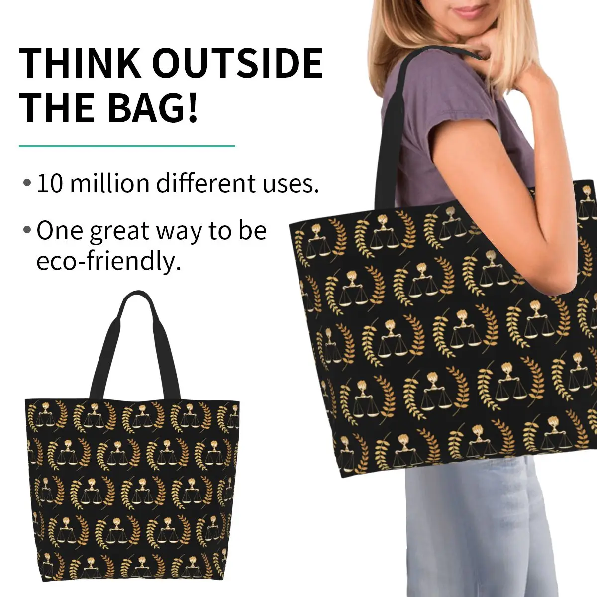 Sac fourre-tout en toile grande capacité avec logo de la balance de la justice dorée, idéal pour les avocats, les événements juridiques, le shopping, les courses et comme sac à bandoulière.