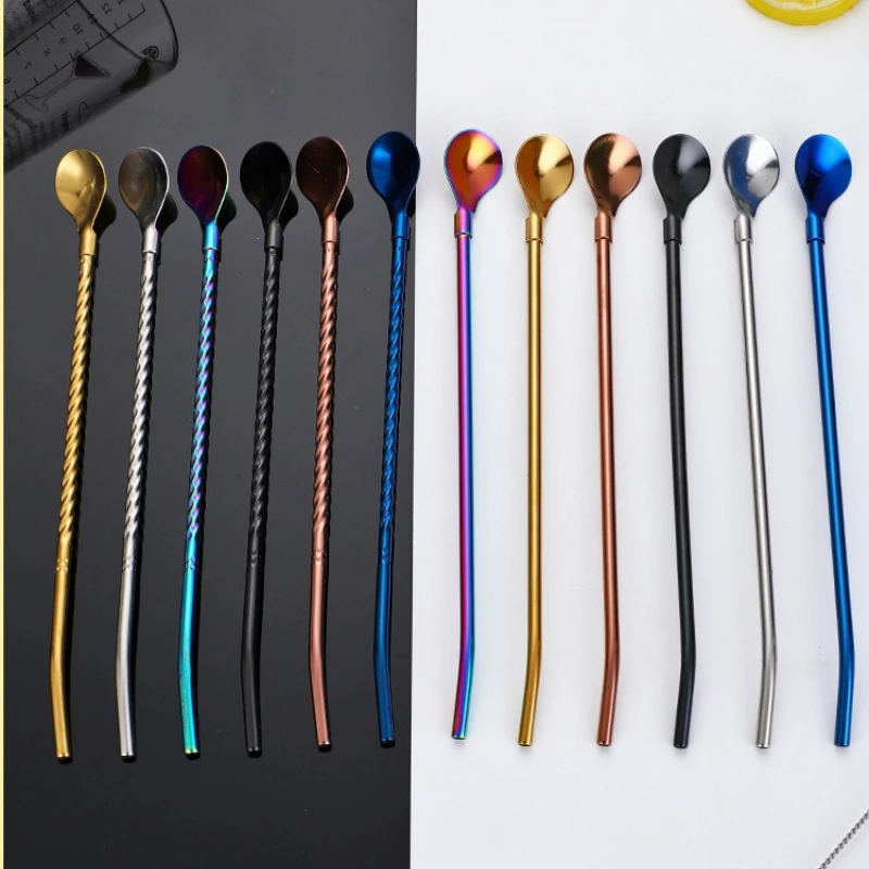 Long Twisted Straw Spoon Portable Stainless Steel Tea Scoop Bent Filter Colored Drinking Cocktail Coffee Stirring Spoons