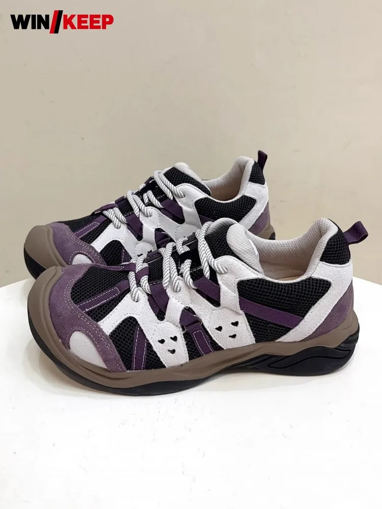 

Summer Women Hiking Shoes Non Slip Outdoors Breathable Spliced Mesh Sneakers Lace Up Round Toe Platform Climbing Sport Shoes