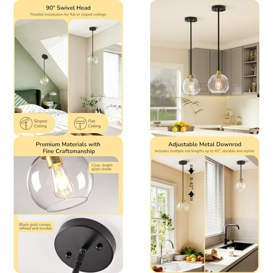 Mid Century Kitchen Pendant Lighting Over Island, Clear Glass Globe Shade, Hardwired Adjustable Hanging Light Fixtures for Dini