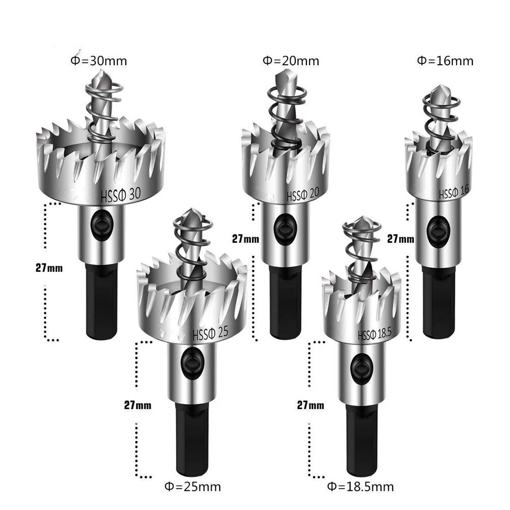 

5Pcs Carbide Tip HSS Drill Bit Hole Saw Set Stainless Steel Metal Alloy 16/18.5/20/25/30mm Woodworking Tools