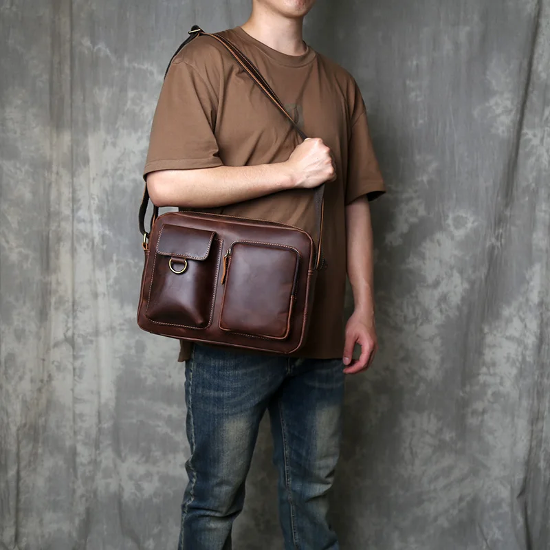 

New Handmade Top Layer Cowhide Crossbody Bag Casual Style Large Capacity Shoulder Bag Genuine Leather Retro Mailman Bag
