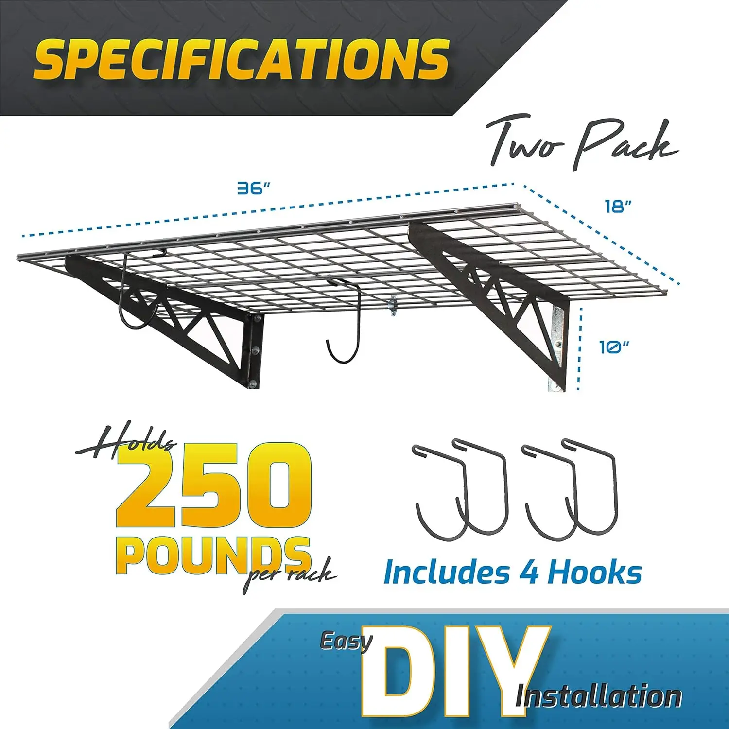 MonsterRax Scaffale da parete per garage, confezione da due, bianco o Hammertone, include ganci per bici, capacità di carico di 500 libbre, 45,7 x 36 pollici