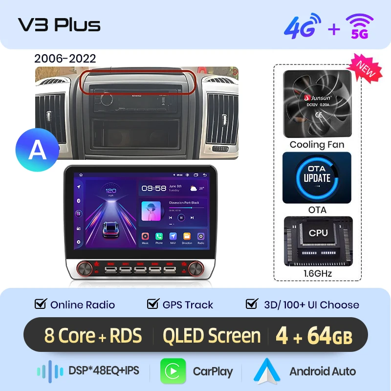 Junsun 13.1″ QLED Draadloze CarPlay Android Auto Autoradio Voor Fiat Ducato Peugeot Boxer Citroen Jumper 2006-2015 DSP SWC RDS GPS