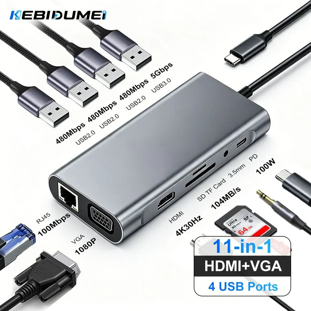 KEBIDUMEI HDMI VGA Dual Video Output USB C HUB 11 in  1 Splitter with RJ45 USB3.0 PD 100W Docking Station for Laptop MacBook Pro
