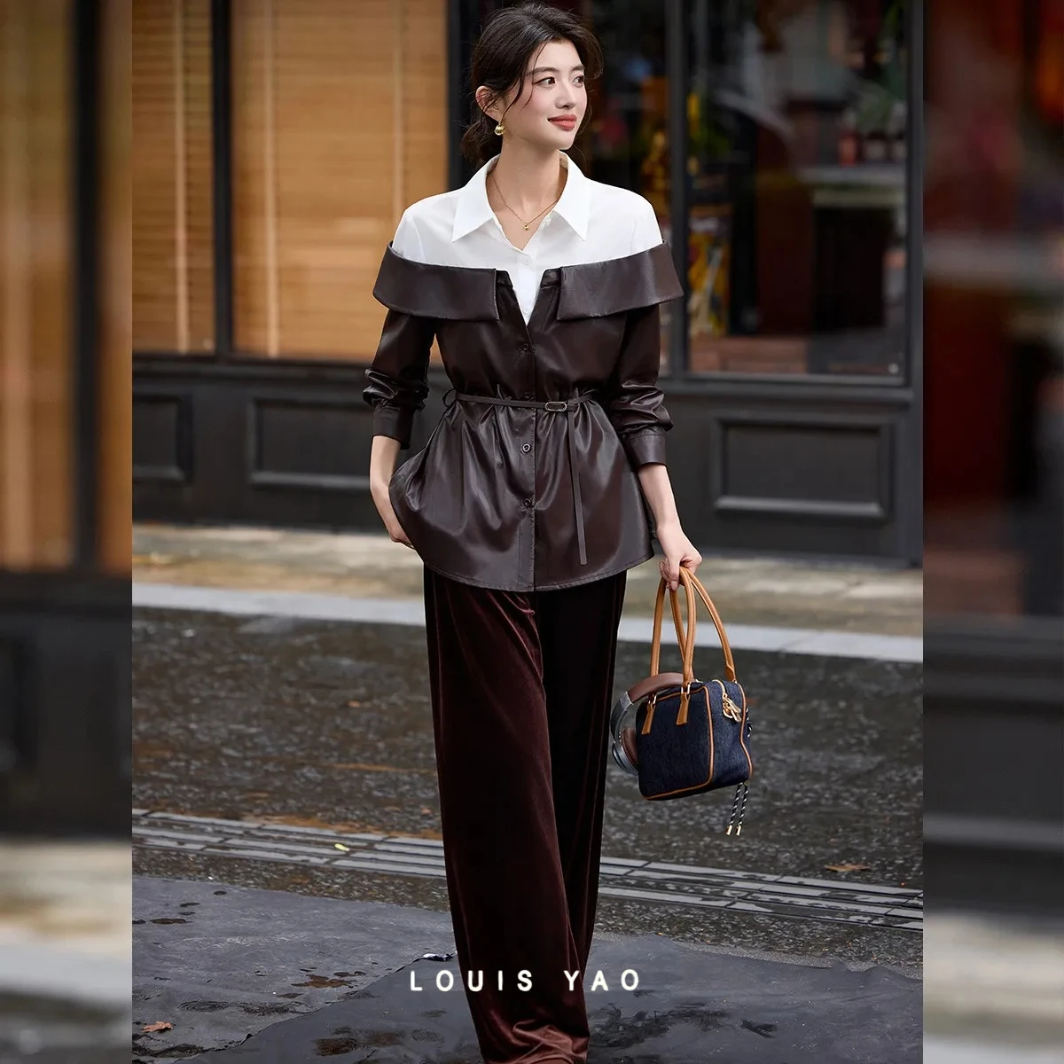 LOUIS YAO Patchwork Color Block Women's Jacket 2026 Autumn Women's Lapel Cardigan Jackets Removable Waistband Outerwear