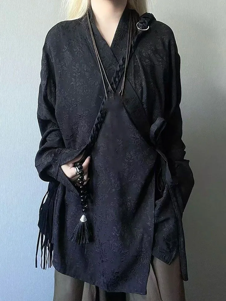 

Neo Chinese Style Vintage Men And Women Printing Blouse Harajuku Oversized Grunge Shirt Y2k Aesthetic Autumn Bandage Clothing