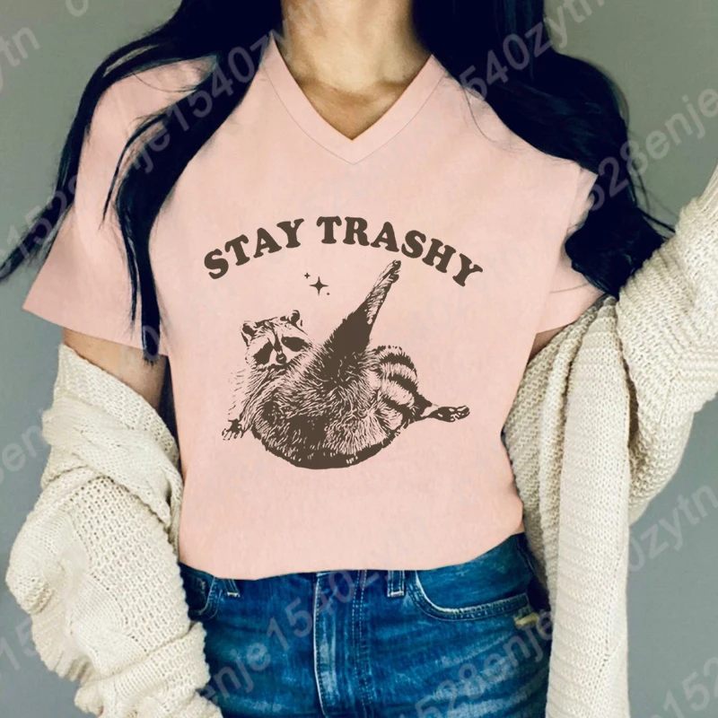 

Cute Racoon Stay Trashy Print Tee Shirts For Women Summer Lovely Short Sleeve Casual T-shirts Funny Ladies Plus Size V-Neck Tops