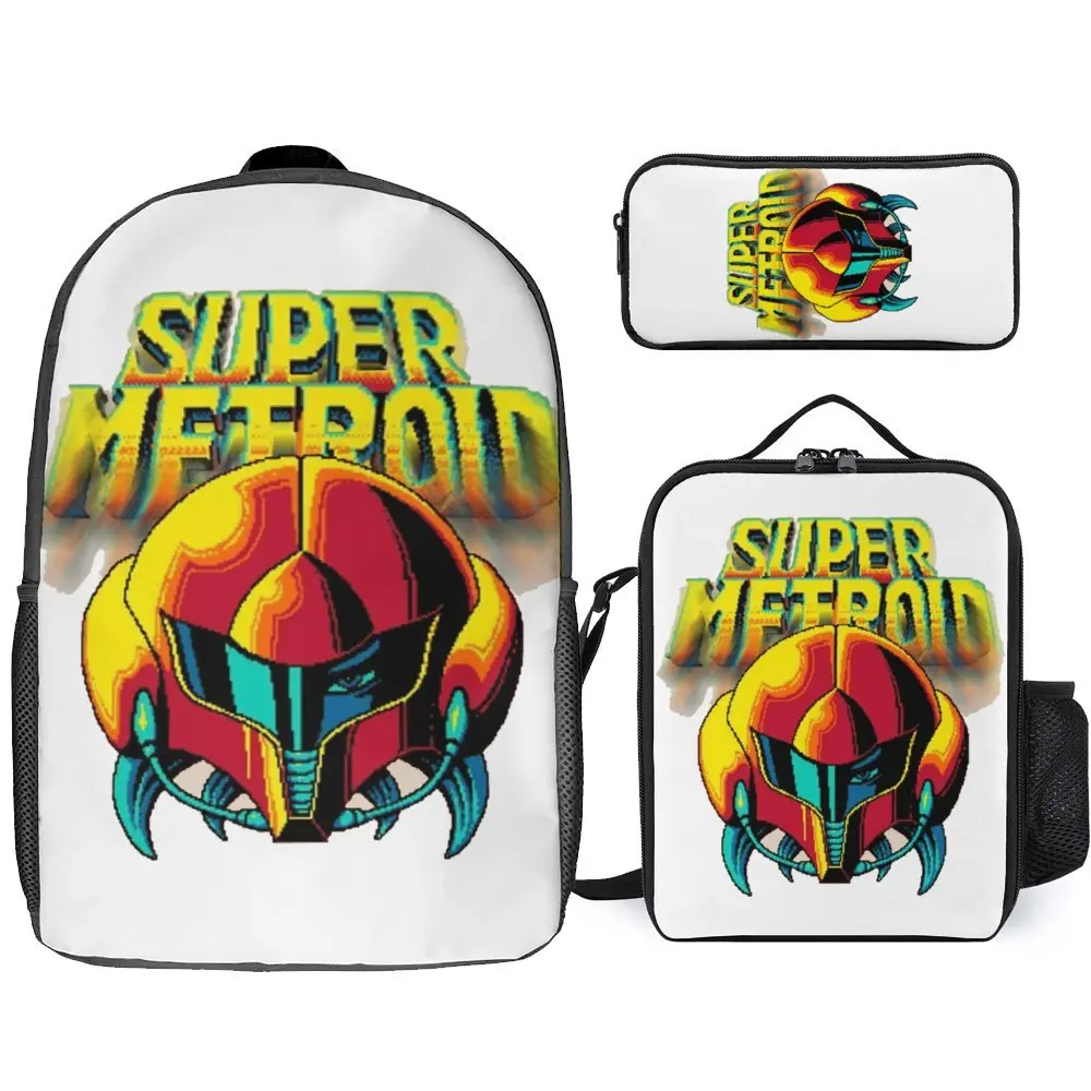 Metroidss Dread Retro Samus Graphic Classic Lasting Cosy Toothpaste 3 in 1 Set 17 Inch Backpack Lunch Bag Pen Bag Schools Graphi