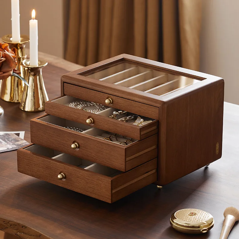 

HYS solid wood wood jewelry box storage box high-end exquisite large capacity multi-layer earrings necklace jewelry