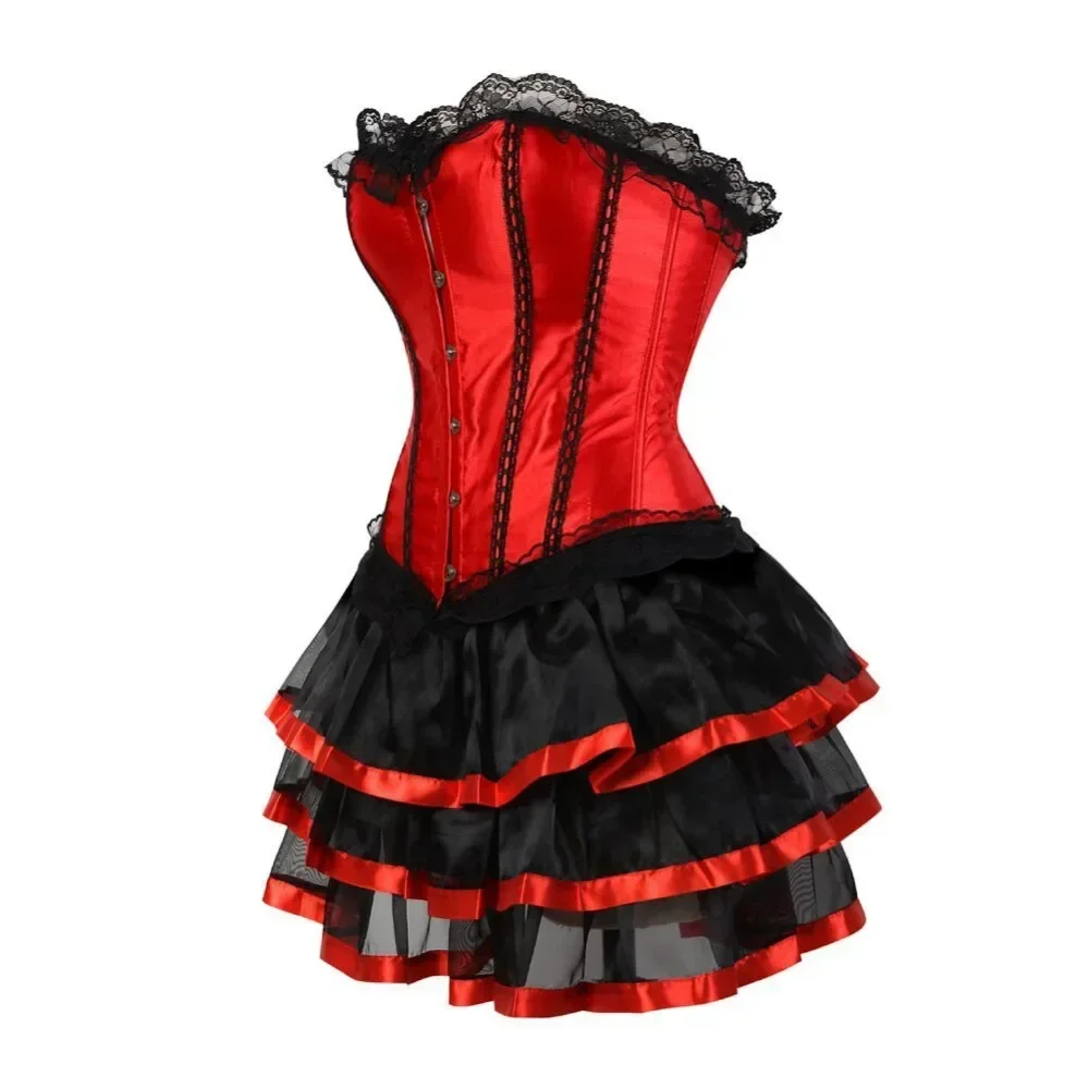 Sexy Overbust Corset Halloween Dress With Mini Tutu Skirt Satin Showgirl Costume Plus Size for Women Lace Corests Bustier Outfit