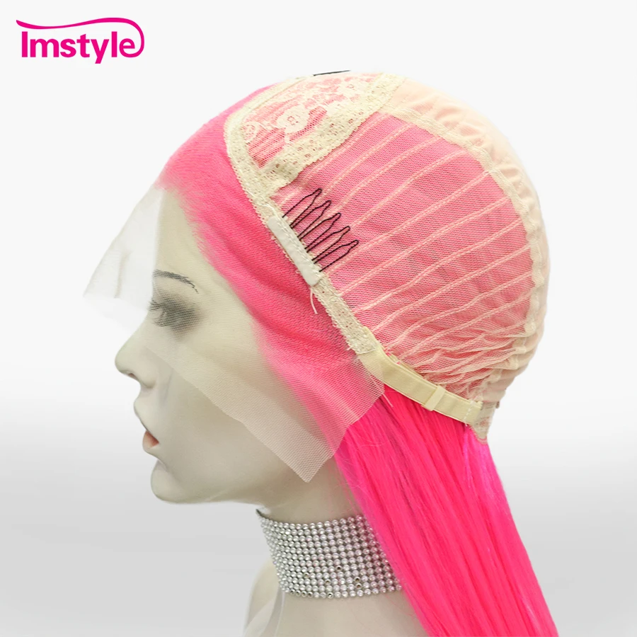 Imstyle-peluca sintética con malla frontal para mujer, cabellera larga y recta, color azul, Natural, neón, rosa, para fiesta, Cosplay