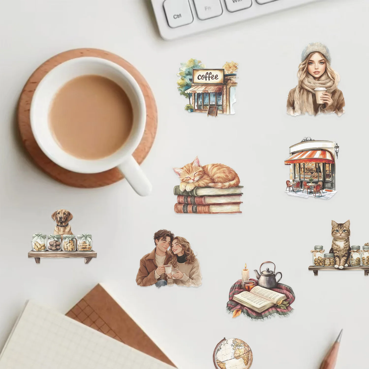 Lot de 50/100 autocollants transparents en PET rétro pour café, imperméables, décoratifs, pour guitare, carnet