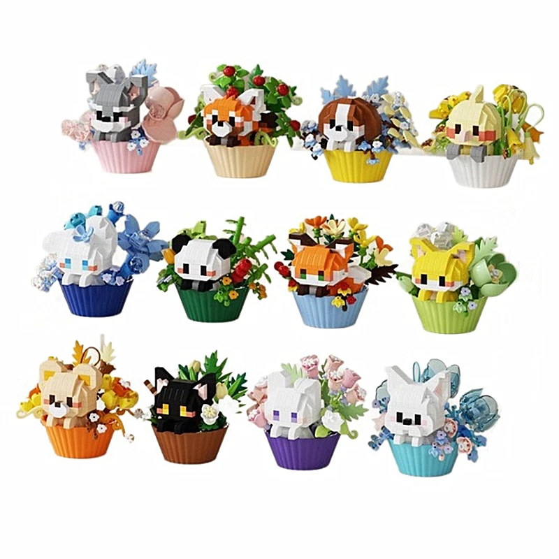 Leuke dessert kleine dieren potboeket cartoon pop panda puppy bouwsteen ornament kinderen speelgoed cadeau - afbeelding 2