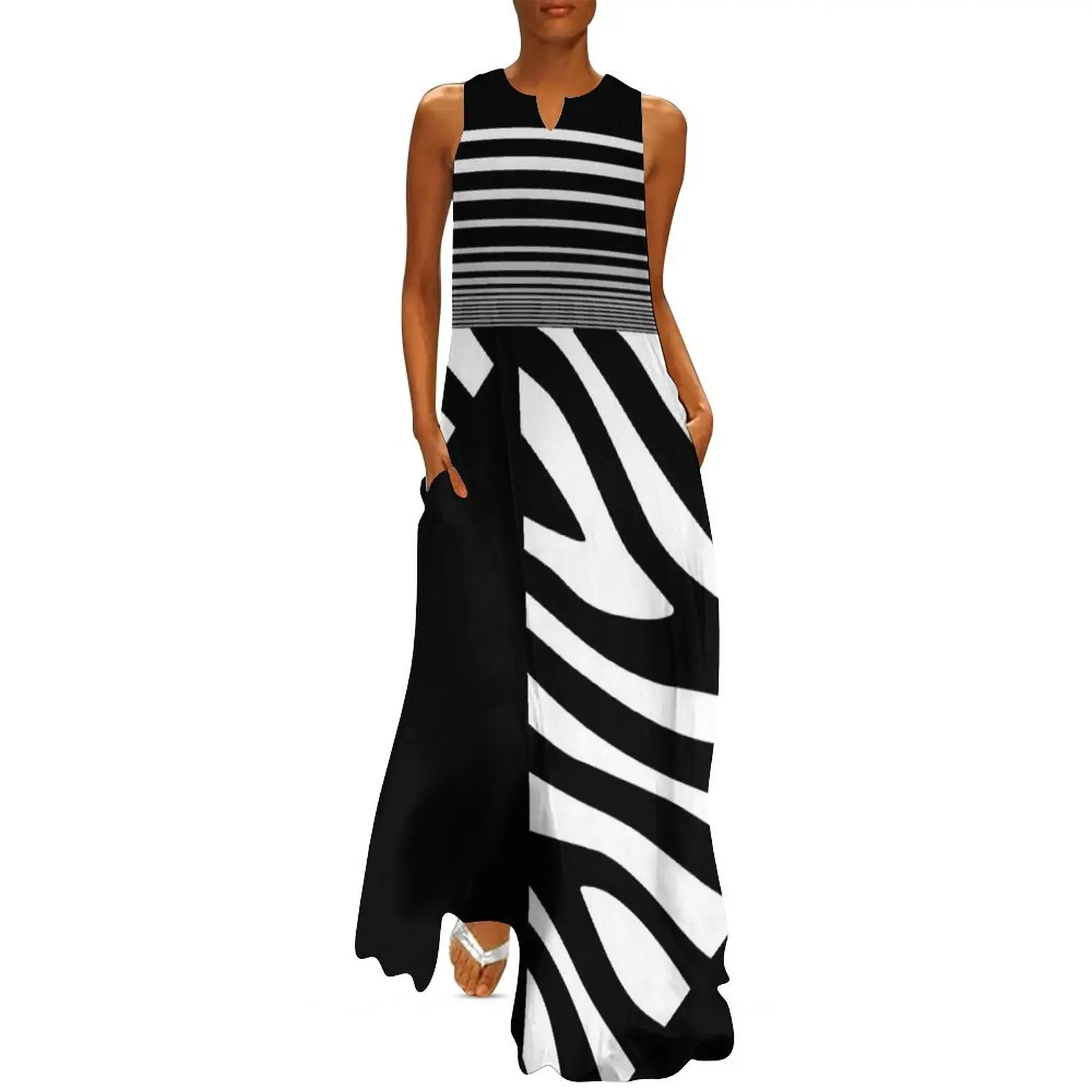 Zebra Print and Pin Stripes Animal Print Black and White Long Dress Woman clothes Party dresses Bride dresses